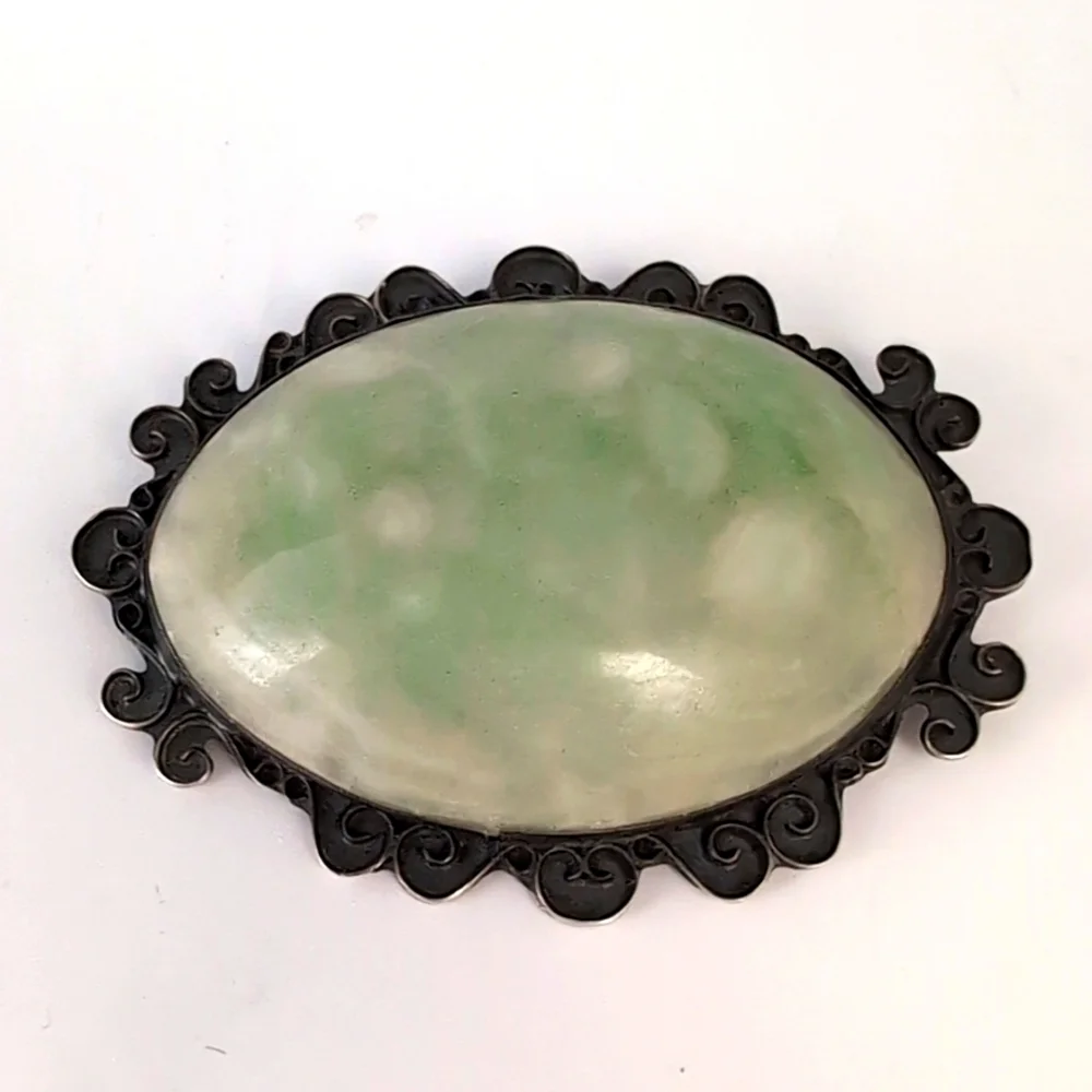 Vintage Sterling Silver Oval Cabochon Green Stone Agate ? Brooch Pin - Mexico - Picture 11 of 11